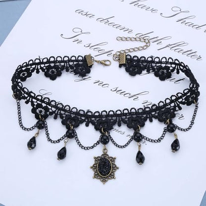 Wide Black Lace Choker Necklace Gothic Lace Pearl Tassel Necklace Short Hollow Flower Tattoo Necklaces Waterdrop Rhinestone Necklaces Halloween Wedding Party Jewelry - style: Style2