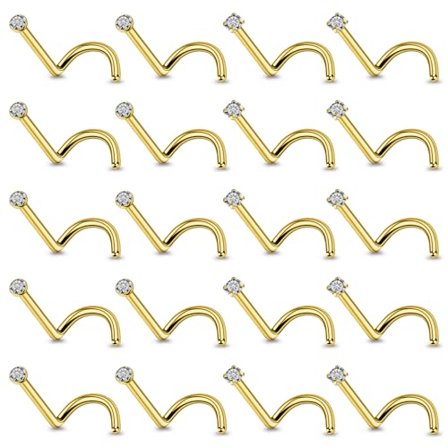 20Pcs Nose Rings Studs Surgical Steel L-Shape Nose Rings for Women 1.5mm 2mm Cubic Zirconia Nose Screw Studs Hypoallergenic Nose Piercings Jewelry 24g 22g 20g 18g - color: corkscrew,goldtone, size: 22g,1.5mm CZ