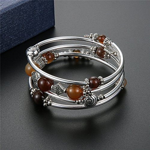 Beaded Pearl Bangle Wrap Bracelet - Fashion Bohemian Jewelry Multilayer Charm Bracelet with Thick Silver Metal Beads, Gift For Women - color: Brown