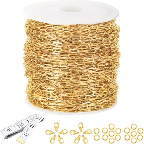 16Ft Stainless Steel Paperclip Chain for Jewelry Making, 3.5mm Width Gold Plated Paper Clip Link Chains Roll for DIY Necklace Bracelet Jewelry Making Supplies with Lobster Clasps Soft Tape Measure - color: Paperclip 3.5mm Gold