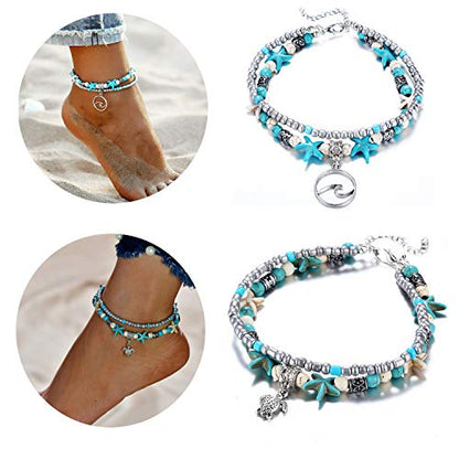 Starain Blue Turtle Anklets for Women Multilayer Beads Handmade Beach Ankle Bracelet Set Boho Foot Jewelry - color: 2Pcs Turtle and Wave Beaded Anklet