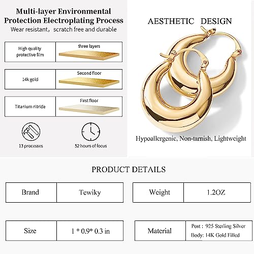 Chunky Gold Hoop Earrings for Women 14k Gold Plated Thick Triple Earrings | Hypoallergenic Trendy Chunky Gold Hoops Earrings,Dainty Jewelry Gifts for Women - style: oval hoop earrings