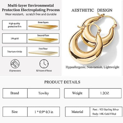Chunky Gold Hoop Earrings for Women 14k Gold Plated Thick Triple Earrings | Hypoallergenic Trendy Chunky Gold Hoops Earrings,Dainty Jewelry Gifts for Women - style: oval hoop earrings
