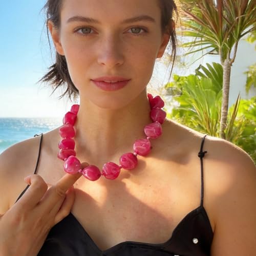 We We Chunky Colorful Beaded Necklace for Women Large Boho Statement Bead Chokers Necklaces Turquoise Blue Big Beads Jewelry Neck Summer Beach - color: big bead fuchsia