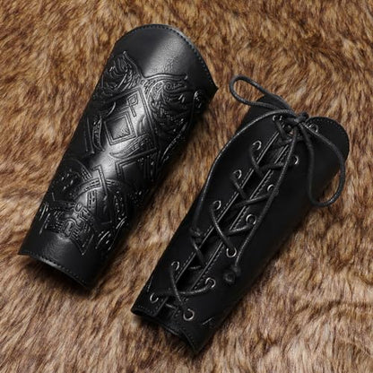Medieval Leather Bracers Dragon Embossed Viking Leather Bracers Leather Arm Armer Cuff Leather Gauntlet Costumes Accessories - style: Viking Angle Wings Leather Bracers-black