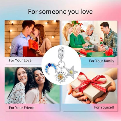 Bible Family Mom Wife Love Heart Dangle Charm 925 Sterling Silver Charms fits Bracelets and Necklace Pendant Bead Charms Jewelry Present for Women Family Friends - style: Sun Star Moon Charm