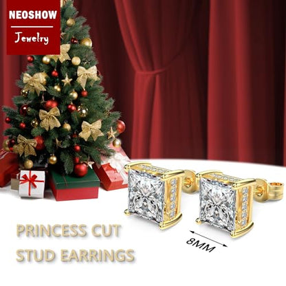 Princess Cut Cubic Zirconia Stud Earrings for Men Women | Square CZ Simulated Diamond Studs, 18K White Gold Plated Sterling Silver, Hypoallergenic - color: Gold, size: 8MM