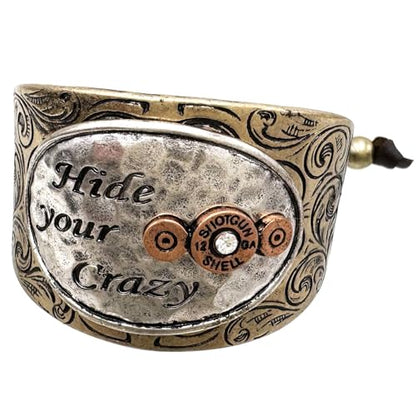Western Peak Hammered Plate Hide Your Crazy Act Like a Lady 12 Gauge Shotgun Shell Leather Cuff Bracelet Necklace - color: Silver Copper