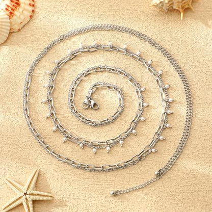 14K Gold Plated Waist Chain for Women Layered Waist Beads Belly Chain Belt, Waterproof Summer Beach Body Jewelry for Bikini, Festival Vacation Accessories for Women - style: Pearl Tassel-Sliver