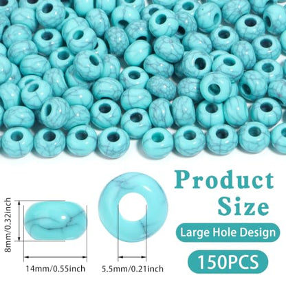 150PCS 14x8mm Turquoise Acrylic European Large Hole Rondelle Spacer Beads with Storage Box, Loose Beads for Bracelet Necklace Earring Hair DIY Jewelry Making - color: Turquoise