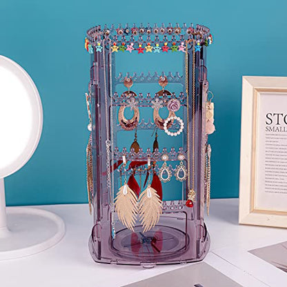 Sooyee Clear Violet Earring Organizer,360 Rotating Earring Holder,4 Tiers Jewelry Rack Display Classic Stand, 156 Holes and 160 Grooves for Necklaces Earrings Piercings - color: Violet