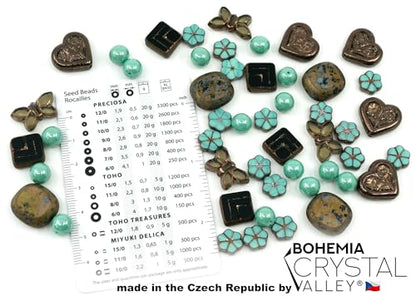 45+ pcs (2.1oz=60g) of Focal Glass Bead Mix with Table-Cut Flower and Butterfly Beads, PG Turqouise Brown Brass - color: Focal Brown Turqouise