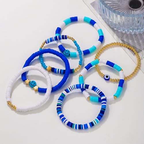 Friendship Bracelets for Women - Heishi Surfer Colorful Smile Evil Eye Clay Beaded Stretch Bracelets Elastic Layering - Stackable Boho Disc Y2K Aesthetic Summer Jewelry Set. - color: Smile-7pc-Blue