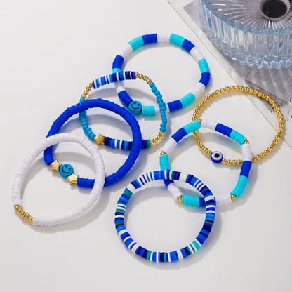 Friendship Bracelets for Women - Heishi Surfer Colorful Smile Evil Eye Clay Beaded Stretch Bracelets Elastic Layering - Stackable Boho Disc Y2K Aesthetic Summer Jewelry Set. - color: Smile-7pc-Blue