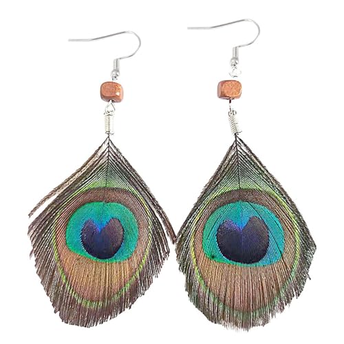 Peacock Feather Earrings for Women Native Handmade Lightweight Long Peacock Feather Boho Hook Earring Prom Party Festival Jewelry - color: Brown Bead