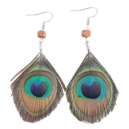 Peacock Feather Earrings for Women Native Handmade Lightweight Long Peacock Feather Boho Hook Earring Prom Party Festival Jewelry - color: Brown Bead