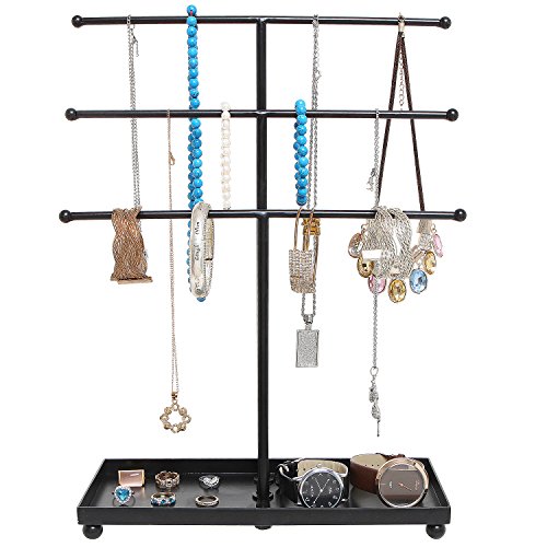MyGift 3 Tier Black Metal Jewelry Organizer Stand with Ring Tray Base | Organize necklaces and bracelets across three tiers while the sturdy base tray keeps rings and small jewelry neatly stored