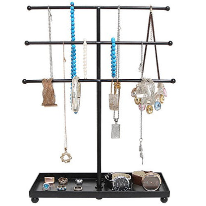 MyGift 3 Tier Black Metal Jewelry Organizer Stand with Ring Tray Base | Organize necklaces and bracelets across three tiers while the sturdy base tray keeps rings and small jewelry neatly stored