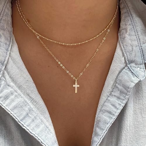 14K Gold Layered Cross Necklaces for Women,Tiny Small Sideways Cross Necklace Minimalist Christian Jewelry Gifts First Communion Confirmation Easter Stuff,2Pcs - color: Style C，Satellite cross