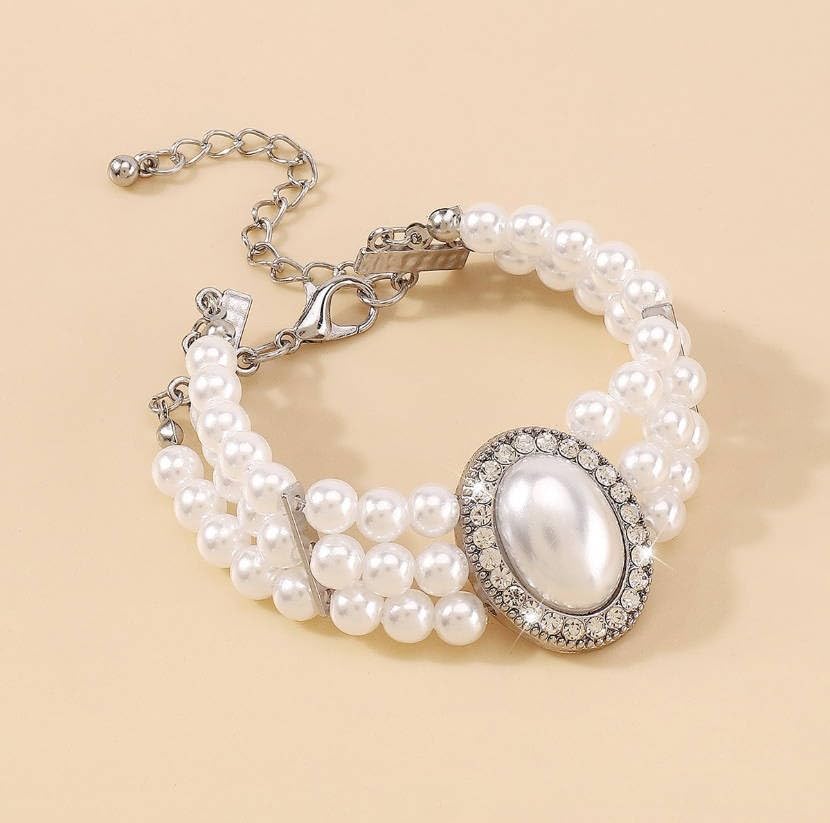Multi-Layer Faux Pearl Bracelet for Women, Oval Gemstone Elegant Bangle with Rhinestone Accents - color: Silver, size: One Size