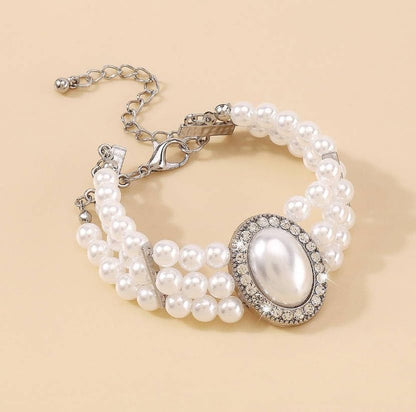 Multi-Layer Faux Pearl Bracelet for Women, Oval Gemstone Elegant Bangle with Rhinestone Accents - color: Silver, size: One Size