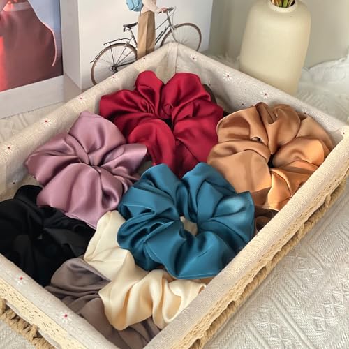 Big Satin Scrunchies for Women, 5.2 Inches Large Scrunchie, Silk Elastic Ponytail Holders for Girls, Jumbo Hair Ties for Thick/Curly Hair, Soft Scrunchy No Crease No Pilling, 4 Pack - color: Pruple+Coffee
