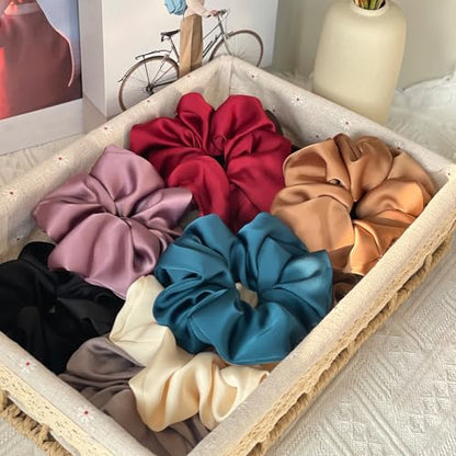 Big Satin Scrunchies for Women, 5.2 Inches Large Scrunchie, Silk Elastic Ponytail Holders for Girls, Jumbo Hair Ties for Thick/Curly Hair, Soft Scrunchy No Crease No Pilling, 4 Pack - color: Pruple+Coffee