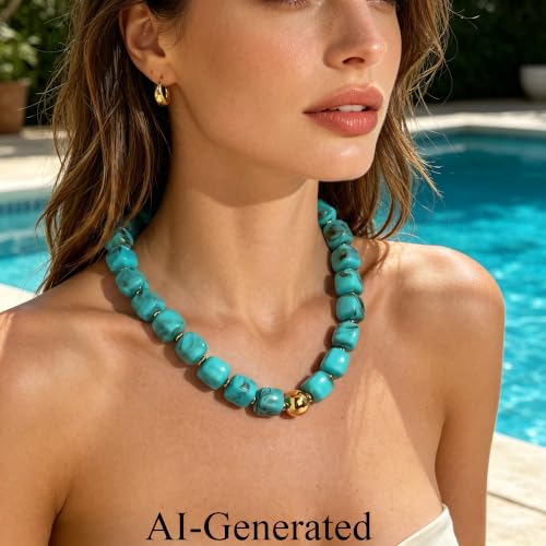 Ritach Chunky Beaded Necklaces for Women - Colorful Large Square Acrylic Beaded Necklace Boho Chunky Necklace Adjustable Statement Choker Necklace for Women Waterproof Summer Beach Jewelry Gifts - color: Turquoise