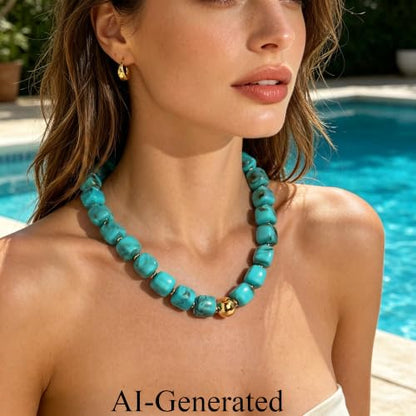Ritach Chunky Beaded Necklaces for Women - Colorful Large Square Acrylic Beaded Necklace Boho Chunky Necklace Adjustable Statement Choker Necklace for Women Waterproof Summer Beach Jewelry Gifts - color: Turquoise