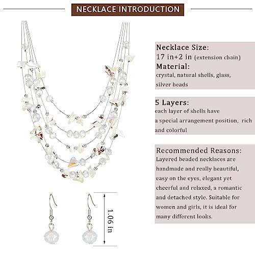 Multi-Layer Boho Shell Beaded Necklace for Women Colorful Crystal Strand with Silver Beads Statement Collars Necklace and Earrings Costumes Jewelry Sets for Women - color: 45-White