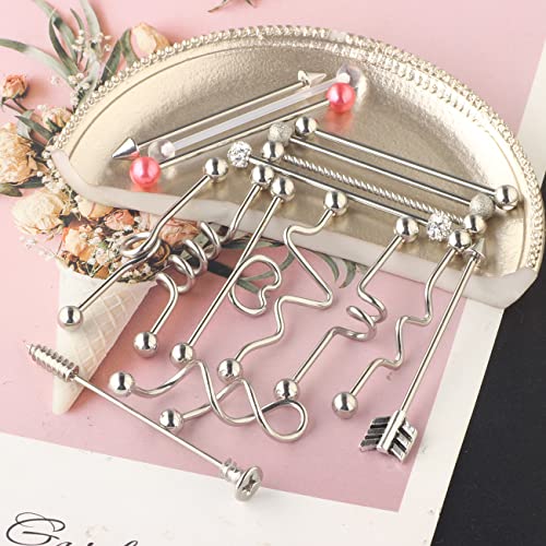 TIANCI FBYJS 7-16pcs 14G Stainless Steel Industrial Piercing Barbell Earring Cartilage Body Jewelry 38mm 1&1/2 Inch Industrial Piercing Bar for Women Men Snake Chain Dangle - color: silver 16pcs