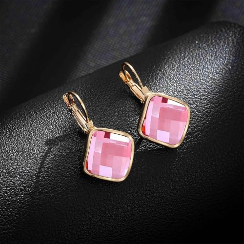 Austrian Crystal Square Leverback Drop Earrings for Women | Classic Square-Cut Crystal,14K Gold-Plated,Leverback for Easy Secure Wear,Gift Box Included,For Day and Evening Events - color: Pink