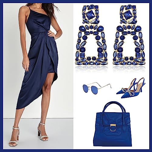 Flyonce Rectangle Clip-on Drop Earrings for Women, Sparkly Rhinestone Crystal Geometric Statement Non Pierced Earring Wedding Prom Party Jewelry for Brides Bridesmaid - color: Navy Blue