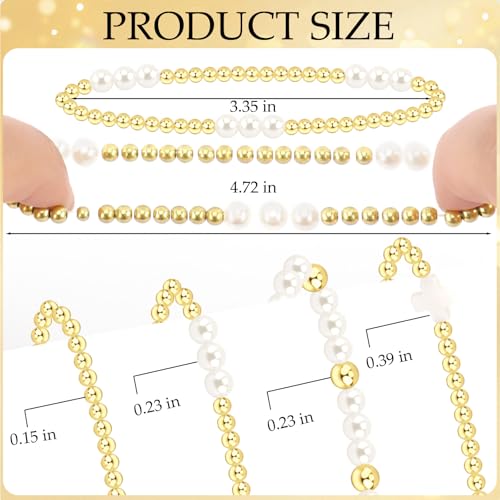 14K Gold Plated Stackable Beaded Bracelets for Women - 4Pcs Cross & Pearl Stretch Bracelet Stack, Waterproof Gold Beaded & Pearl Bracelet Set