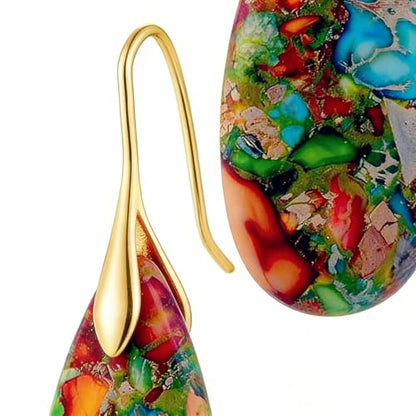 Boho Natural Imperial Jasper Teardrop Dangle Earrings for Women – Hypoallergenic French Hook Stone Drop Earrings Jewelry - color: Colorful Golden Hook #3
