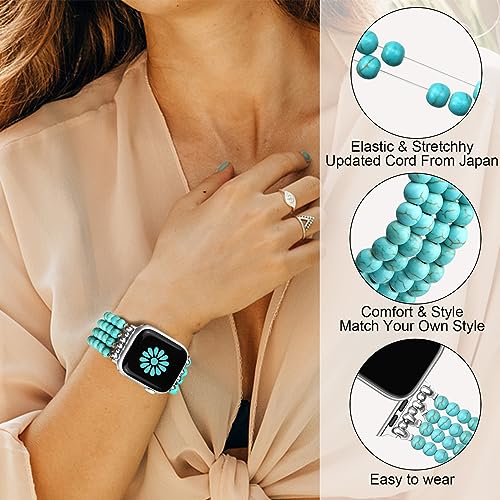 Newlibery Natural Stone Bracelet Beaded-Bands Women Compatible with Apple Watch 38mm 40mm 41mm 42mm (S10/11) Feminine Cute Handmade Stretch Strap for iWatch Series 11/10/9/8/7/6/5/4/3/2/1 SE 3/2/1 - color: B1 Matt Green Turquoise, size: 38/40/41/42mm(s10/