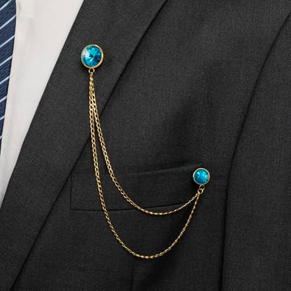 HAWSON Birthstone Brooch Pin for Men with Hanging Chain & Crystal, Mens Gold Tone Lapel Pin for Wedding/Birthday/Party Dress Suits Accessories - color: March Aquamarine