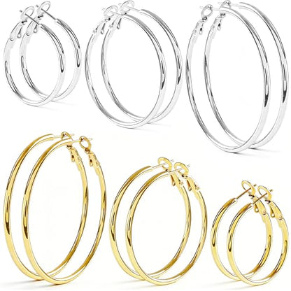 6 Pairs Silver Gold Hoop Earrings for Women - 14K Gold Plated 316 Stainless Steel, Hypoallergenic Lightweight 20/30/40/50/60/70mm Hoops Set - color: Gold & silver