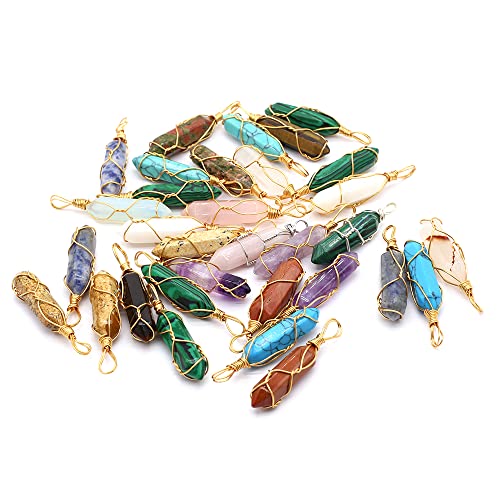 LE SKY 12 Pcs Natural Stone Pendants Hexagonal Pointed Chakra Stone Pendants Wire Knitting Crystal Beads for Jewelry Making Necklace