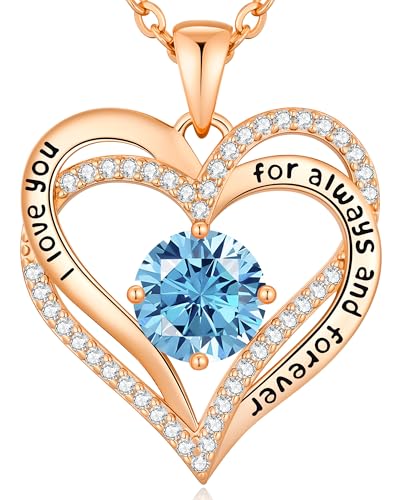 CDE Engraved Forever Love Heart Birthstone Necklace Jewelry Gifts for Women | Hypoallergenic,Nickel-Free & Lead-Free,3 x 3 mm 5A CZ Heart Pendant,Anniversary Christmas Birthday Gift for Girlfriend Wife - color: 03-Mar, style: Rose Gold Plated