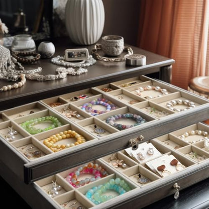 Highergo 8 Pcs Velvet Jewelry Trays Stackable Drawers Organizer Ring Earring Bracelet Necklace Storage Trays, 8.3x4.7x1''(6 Uneven Grids) - style: 6 Uneven Grids