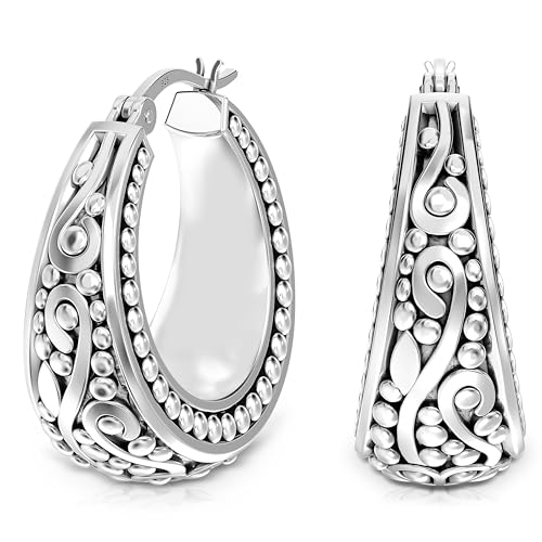 LeCalla 925 Sterling Silver Bali-Style Hoop Earrings Lightweight Click-Top Antique Two-Tone Beaded Italian Bali Style Earring Hoops for Women - style: Antique Caviar Beaded Style