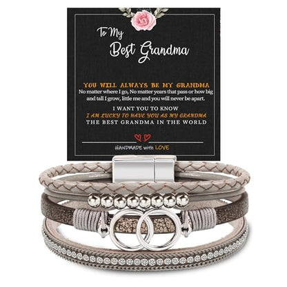 Bracelets for Women, Gifts for Mom Her Christmas Gift 2026 Leather Bracelets for Women Birthday Gift for Daughter Inspirational Wrap Bracelet Sister Friend Teen Girl Gift Layered Stocking Stuffers Jewelry - style: 1 To Grandma - Grey