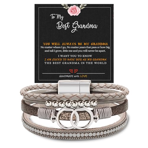 Bracelets for Women, Gifts for Mom Her Christmas Gift 2026 Leather Bracelets for Women Birthday Gift for Daughter Inspirational Wrap Bracelet Sister Friend Teen Girl Gift Layered Stocking Stuffers Jewelry - style: 1 To Grandma - Grey