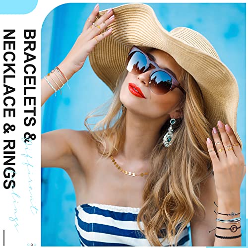 Batiyeer 60 Pcs Boho Surfer Wave Bracelet and Necklace Set for Women, Summer Beach Y2k Layered Choker Anklets Knuckle Rings - style: Bohemian,Chain