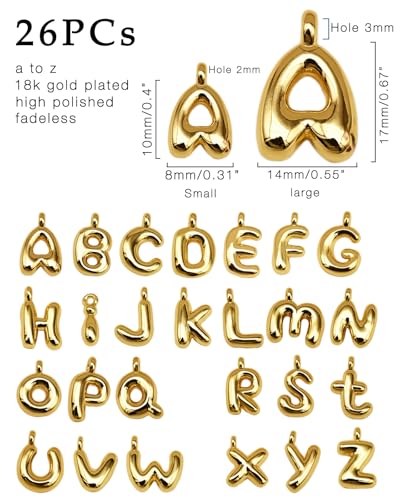 stino No Tarnish Bubble Letter Charms for Jewelry Making | 8K Gold Plated, 26 Pieces A-Z, Alphabet, Initial, Pendants, for Necklace - style: Small