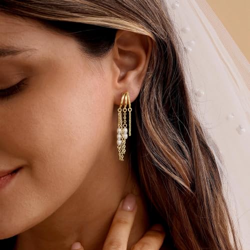 14K Gold Plated Dangle Earrings for Women, Dainty Hoop Huggie Studs, Long Hanging Tassel Chain Multi Pierced Ear Stacking Jewelry Gifts - color: Pearl Dangle-Gold