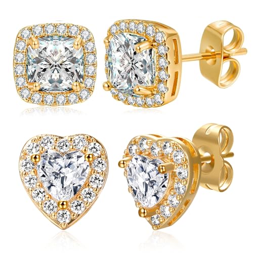 MDFUN Halo Stud Earrings 18K Gold Plated Round/Square/Heart/Teardrop Cubic Zirconia Earrings Set for Women - color: B-Square/Heart