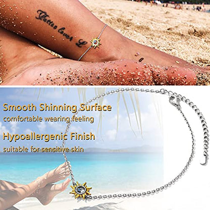 PROSILVER 925 Sterling Silver Ankle Bracelets For Women, Stylish Chain Anklets, Summer Beach Jewelry, 8.6-10.6 Inch Adjustable, Come with Box - style: 01 Sun Anklet