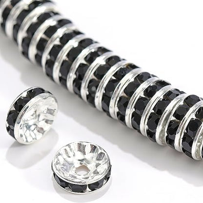 100Pcs Rondelle Spacer Beads Round Crystal Charms Czech Rhinestone Silver Plated Spacer Loose Beads for DIY Bracelet Necklace Jewelry Making Supplies (4MM, Black) - color: Black, size: 4MM